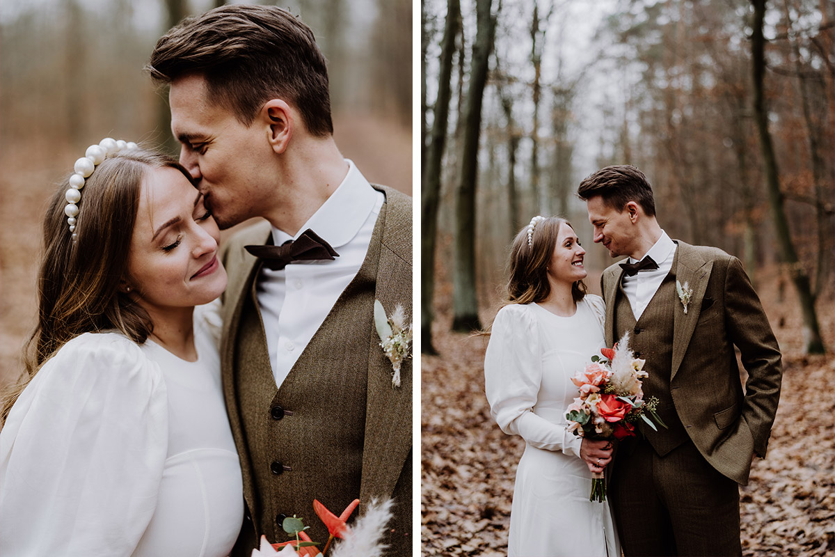 natürliche Hochzeitsfotos auf Winterhochzeit im Wald