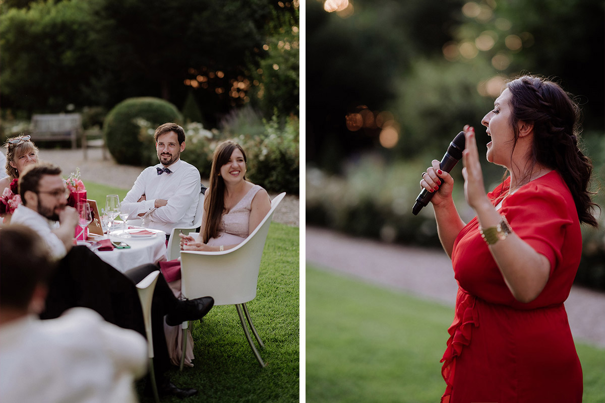 Reden Hochzeitsfeier - Hochzeitsfotografin aus Berlin auf eleganter Gartenhochzeit in Hochzeitslocation Potsdam am Wasser im Gut Schloss Golm während Corona Pandemie © www.hochzeitslicht.de #hochzeitslicht