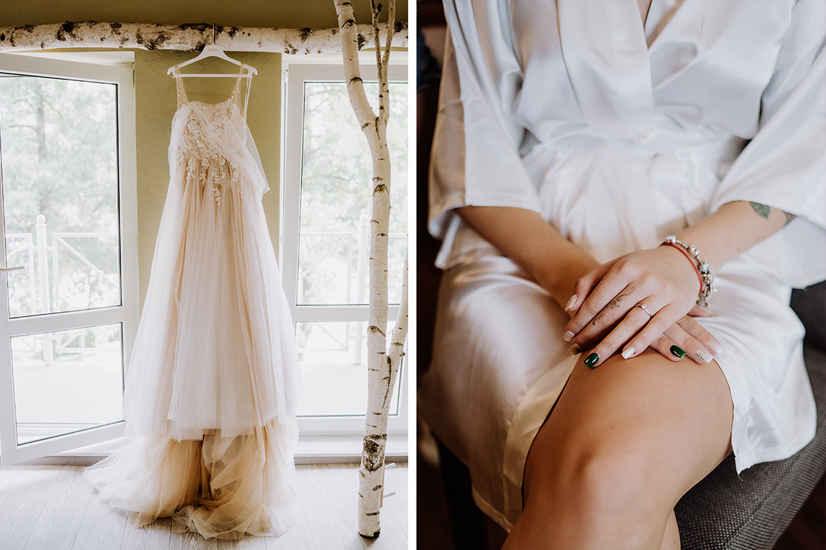 luftiges Sommer Hochzeitskleid in Suite in Seelodge Kremmen und Maniküre Braut