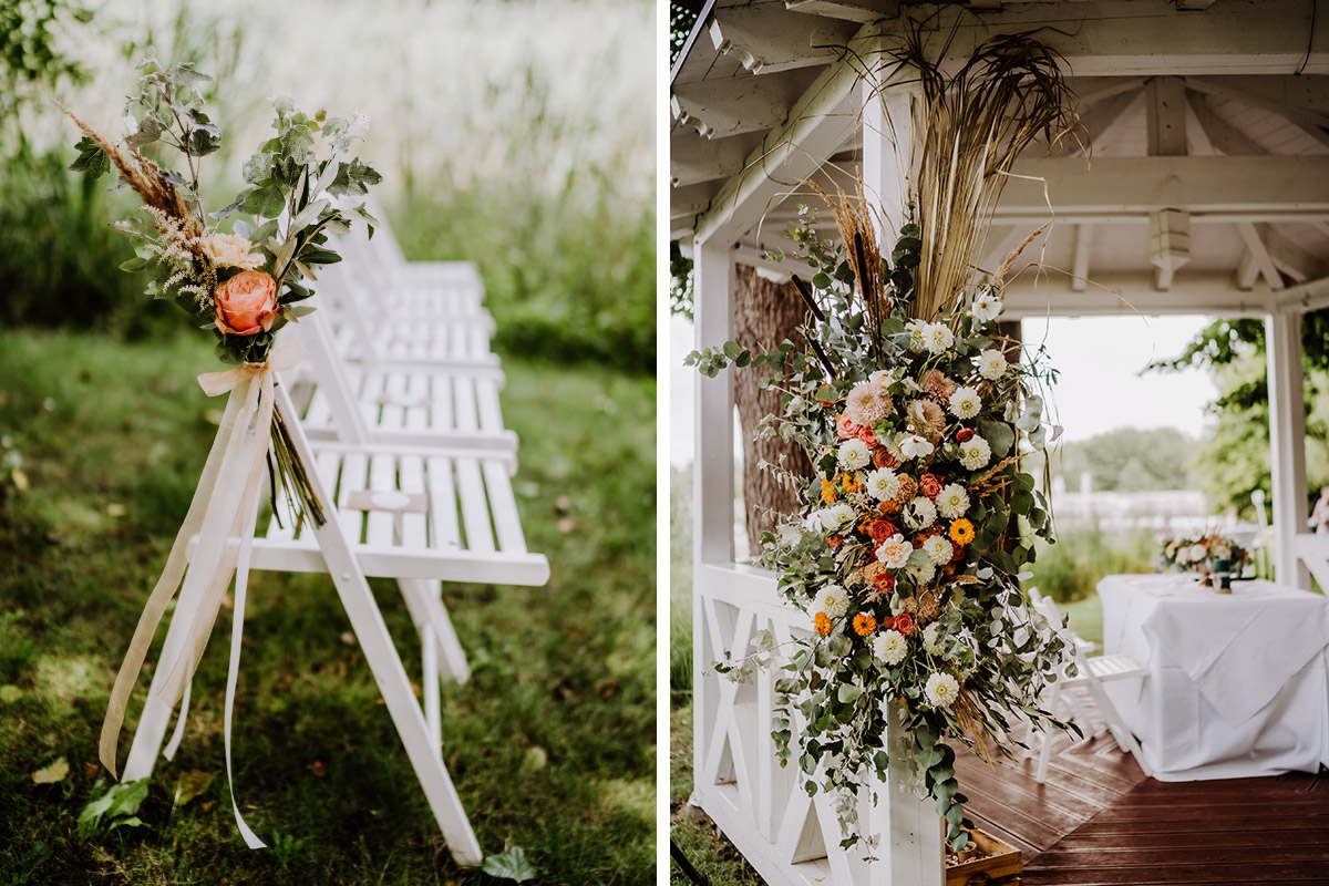 Boho Blumen weiß, grün, orange am Pavillon der Seelodge Kremmen Hochzeitslocation Brandenburg am Wasser