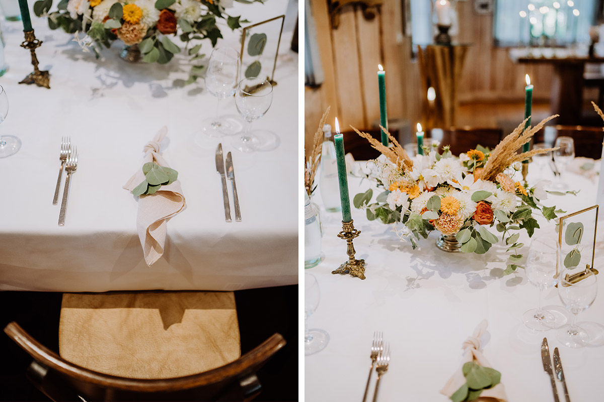 Hochzeitstisch und boho Hochzeitsdeko und Blumen in Grün, Weiß und Orange in Seelodge Kremmen