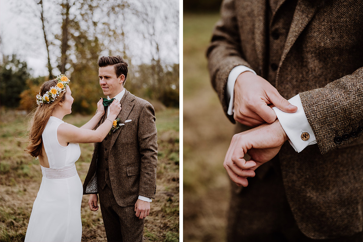 Herbst Hochzeit Outfit Gast und vintage Hochzeitsanzug Bräutigam