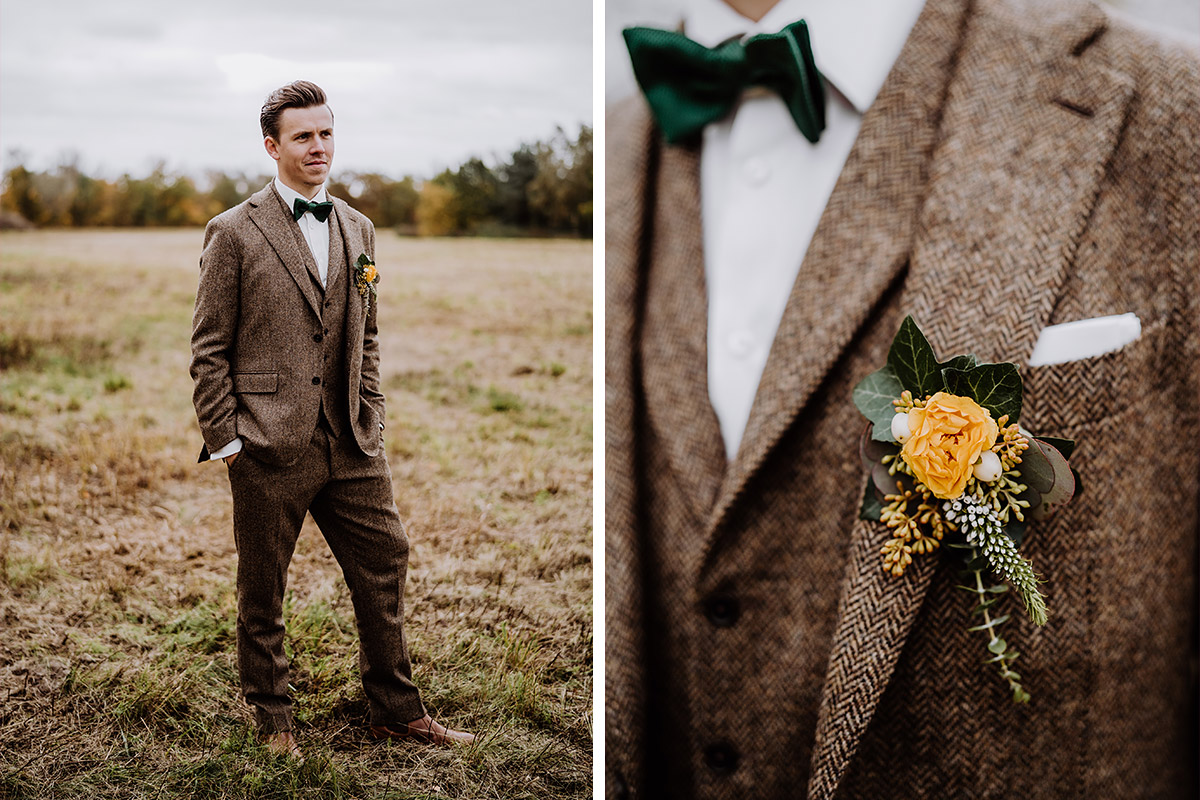 vintage Hochzeitsanzug Bräutigam in Braun mit Herbst Blumen