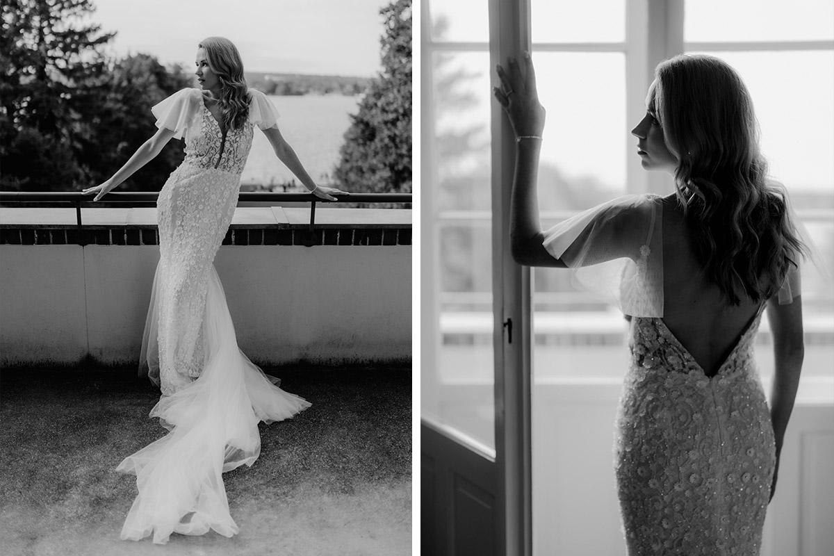 Fashion Hochzeit Berlin auf Balkon der Villa Blumenfisch mit eleganter Braut