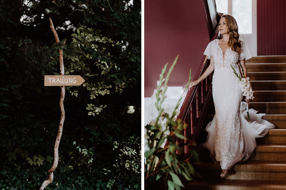 DIY-Schild Hochzeit zeigt Weg zur Trauung - Braut kommt Treppe herunter