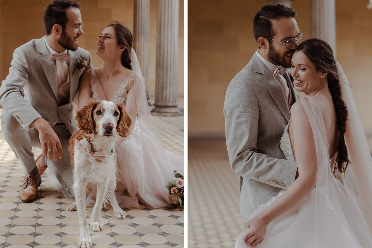 Gruppenfoto zur Hochzeit mit Hund bei Potsdam Hochzeit mit Feier in Schmiede des Schloss Diedersdorf