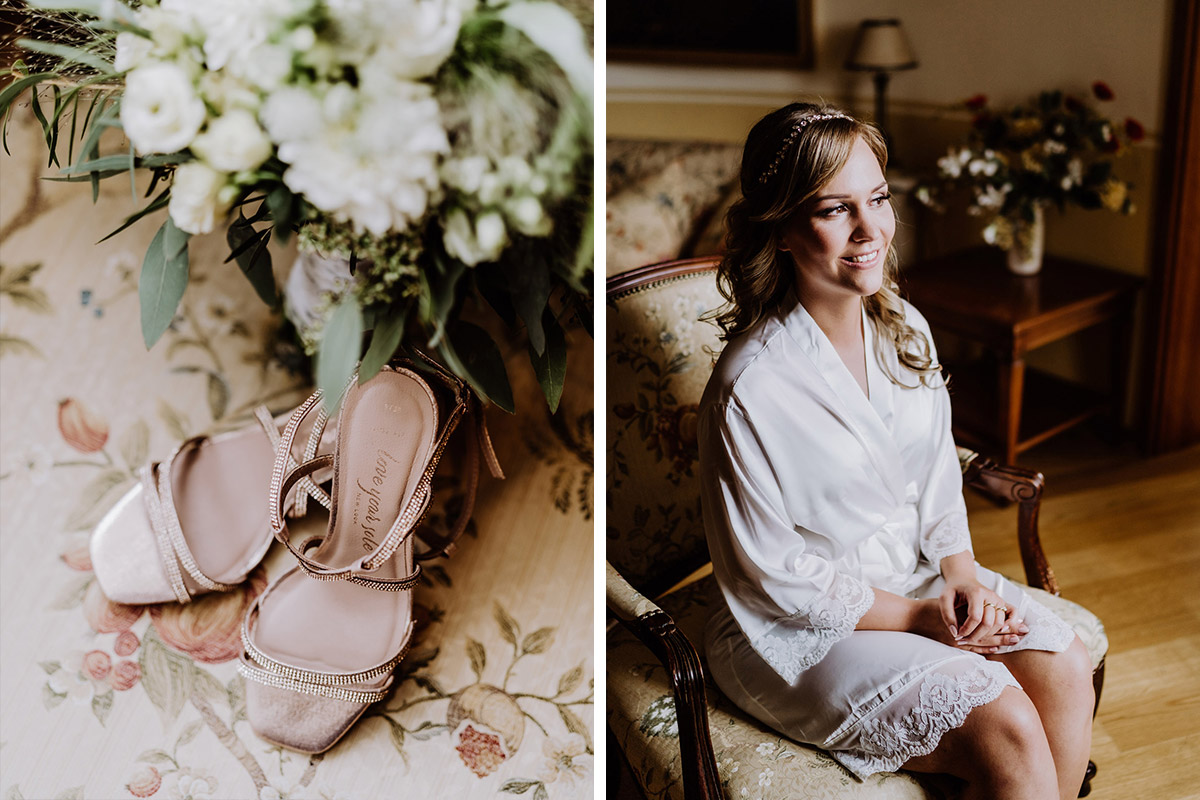 Braut und Schuhe zur Sommerhochzeit im Schloss Lübbenau in Brandenburg