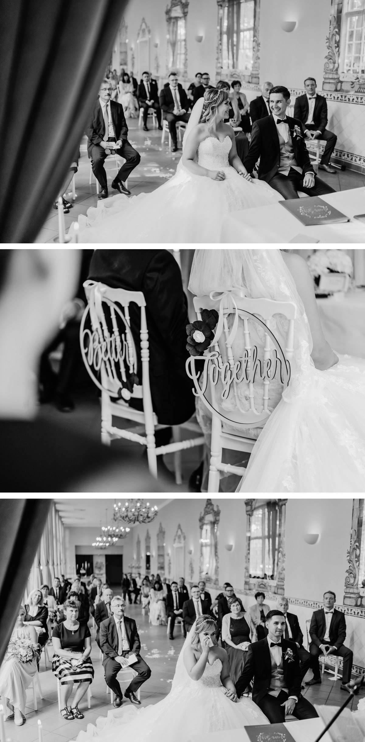 Idee Hochzeitsdeko der Stühle bei Standesamt Hochzeit in der Orangerie vom Schloss Lübbenau