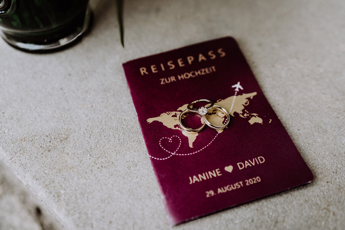 Hochzeitsdeko Idee zum Thema reisen - DIY Reisepass des Paares mit Eheringen