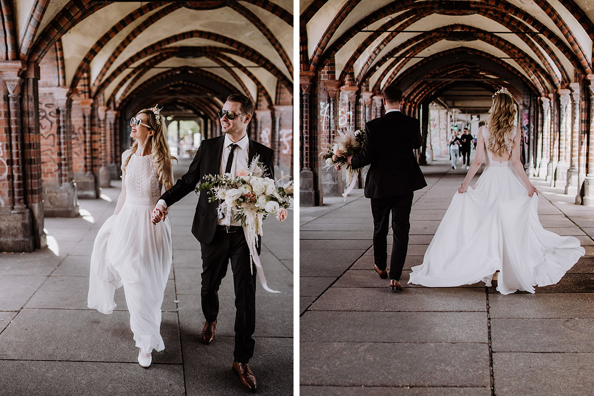 Berlin Hochzeitreportage von hochzeitslicht an Oberbaumbrücke mit Boho Paar