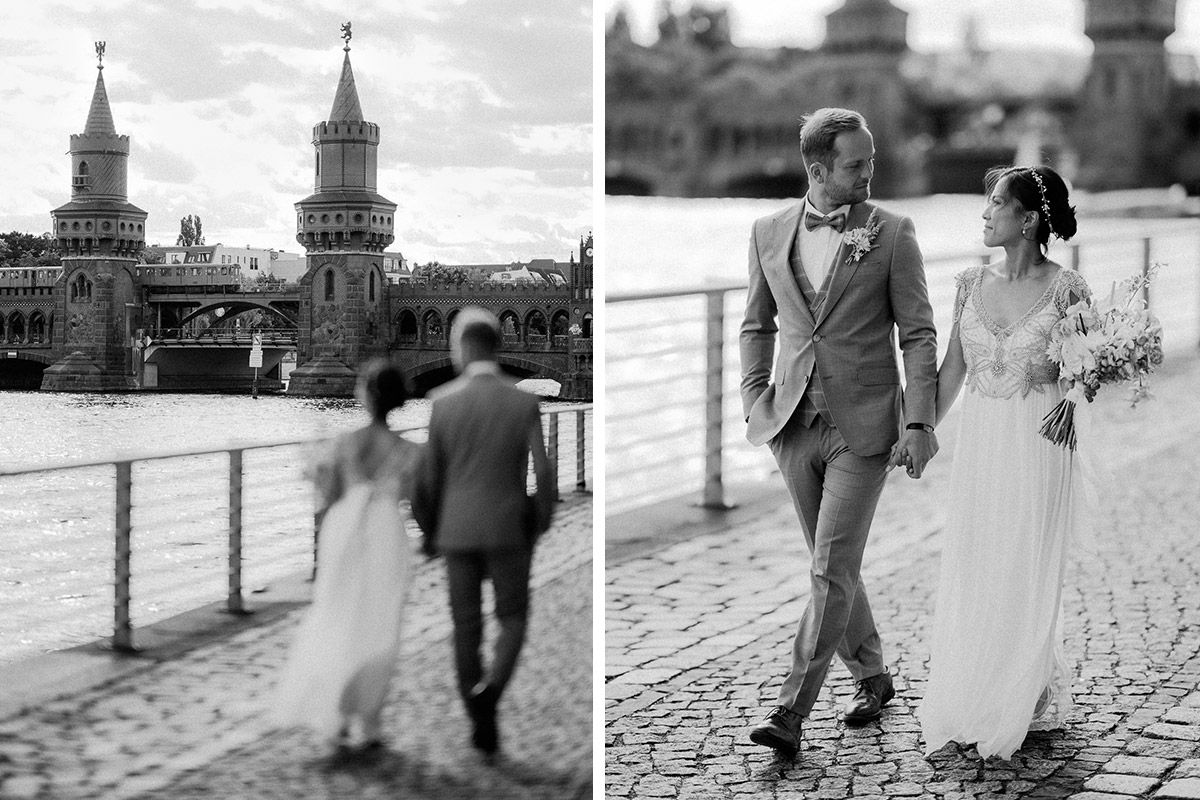 Berlin Hochzeit mit Paar das vor Oberbaumbrücke spaziert